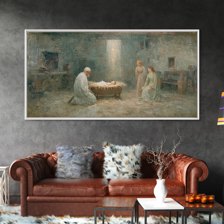 Nativity Reverence, Framed Canvas Print, Christian Paintings, Vintage Christian Art, Christian Wall Art, Christmas Art Framed