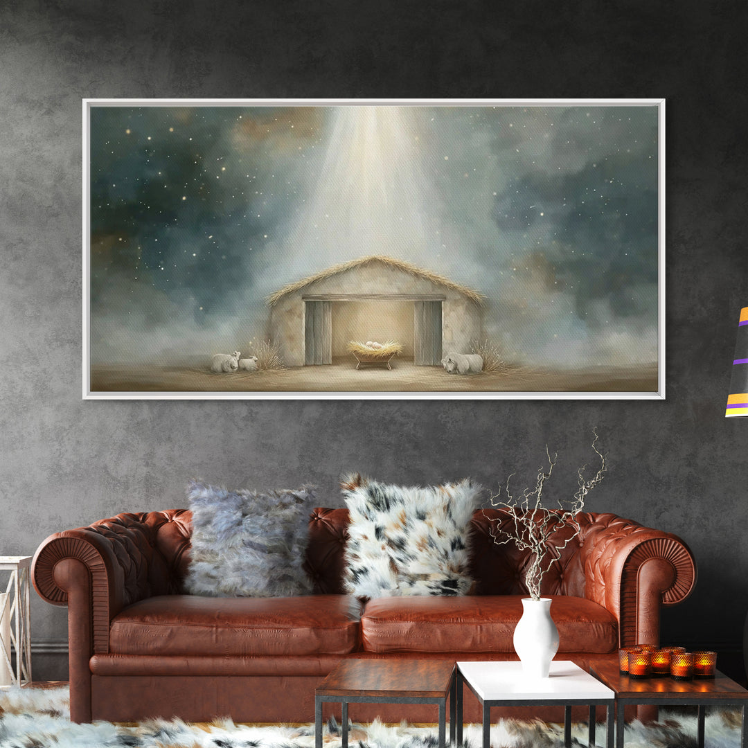Starry Manger Peace – Framed Canvas Print – Christian Art Canvas – Christmas Art Prints – Christian Christmas Decor – Modern Christian Art