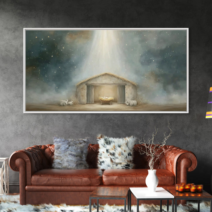 Starry Manger Peace – Framed Canvas Print – Christian Art Canvas – Christmas Art Prints – Christian Christmas Decor – Modern Christian Art