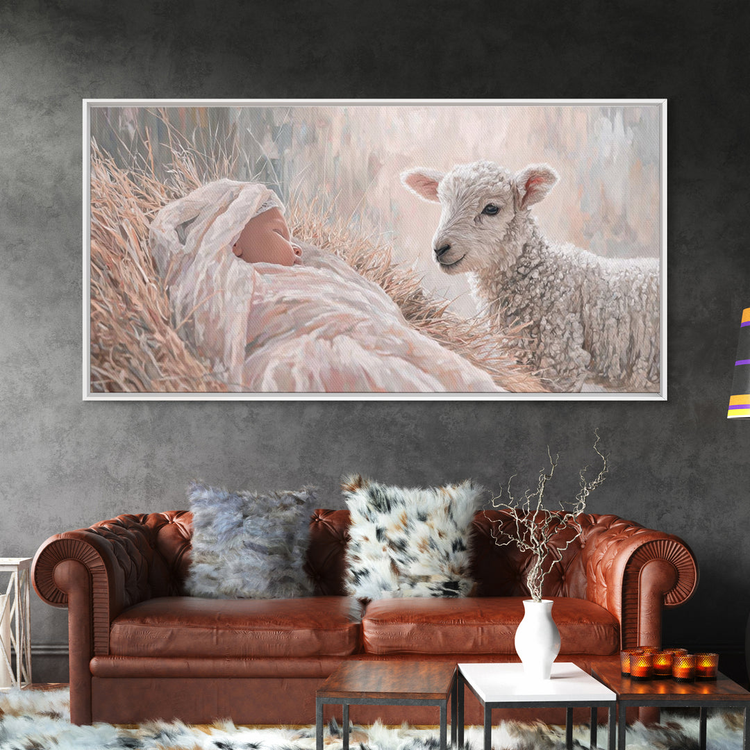 Lamb and Child – Framed Canvas Print – Jesus Painting – Christian Wall Art – Christian Art Canvas – Christian Christmas Art – Christian Dec