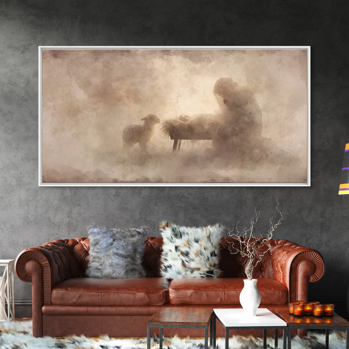 Holy Night Serenity, Framed Canvas Print, Christian Wall Art, Christian Art Canvas, Jesus Painting, Christian Christmas Art