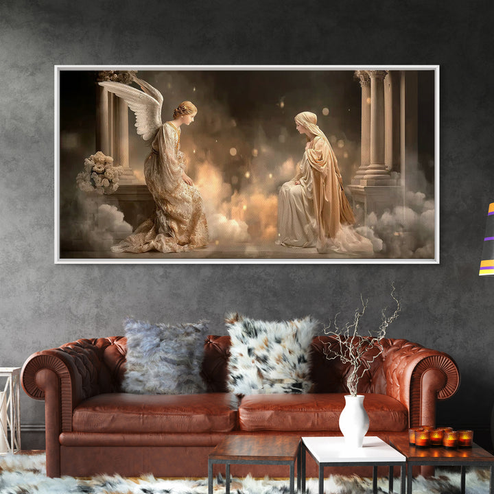 Golden Annunciation, Framed Canvas Print, Christian Wall Art, Jesus Painting, Christian Art Canvas, Christian Christmas Art, Christian Deco