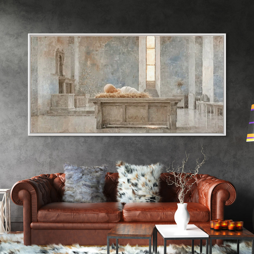 Sanctuary Manger Stillness | Framed Canvas Print | Christian Wall Art | Christian Art Canvas | Christian Christmas Art | Christmas Wall Art