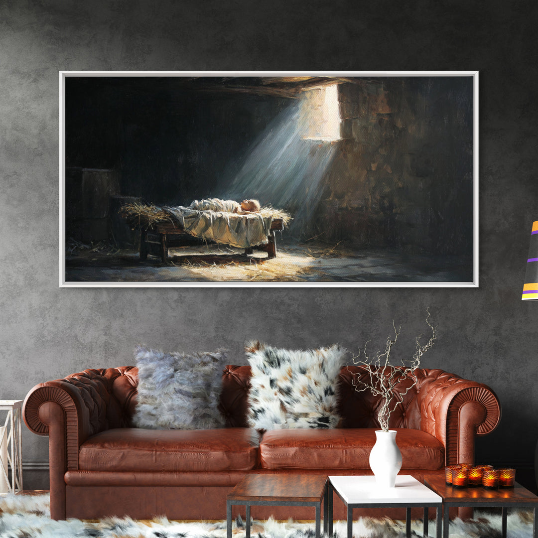 Manger Light Dawn | Framed Canvas Print | Christian Christmas Art | Christian Art Canvas | Christian Wall Art | Birth Of Jesus Painting | C