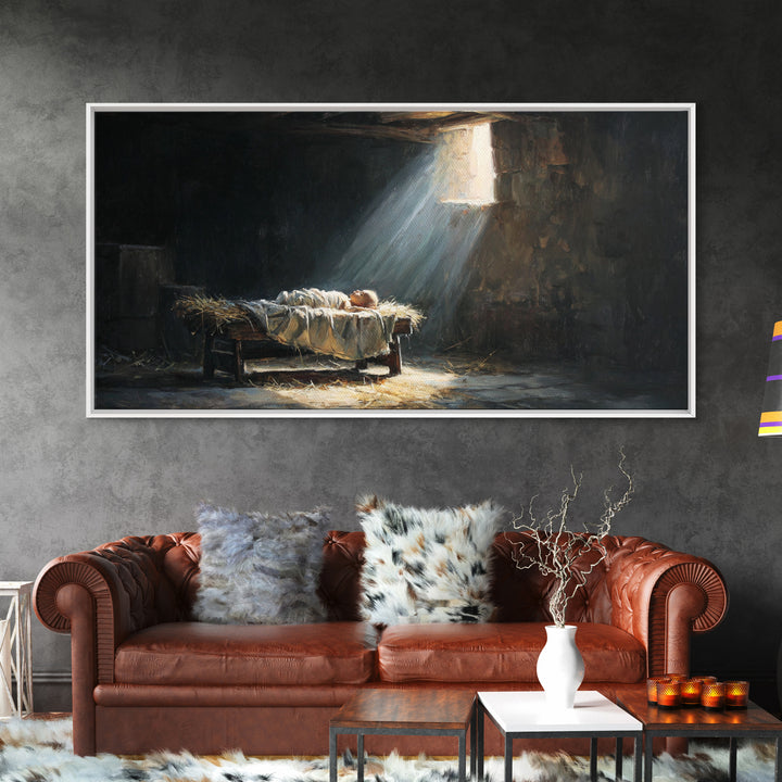 Manger Light Dawn | Framed Canvas Print | Christian Christmas Art | Christian Art Canvas | Christian Wall Art | Birth Of Jesus Painting | C