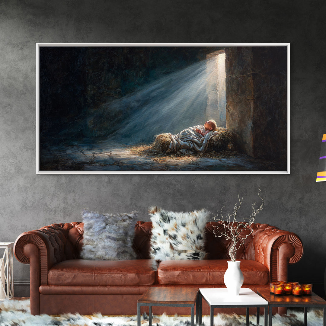 Manger Light Peace – Framed Canvas Print – Christian Art Canvas – Christmas Wall Art – Jesus Painting – Christian Christmas Art – Christian