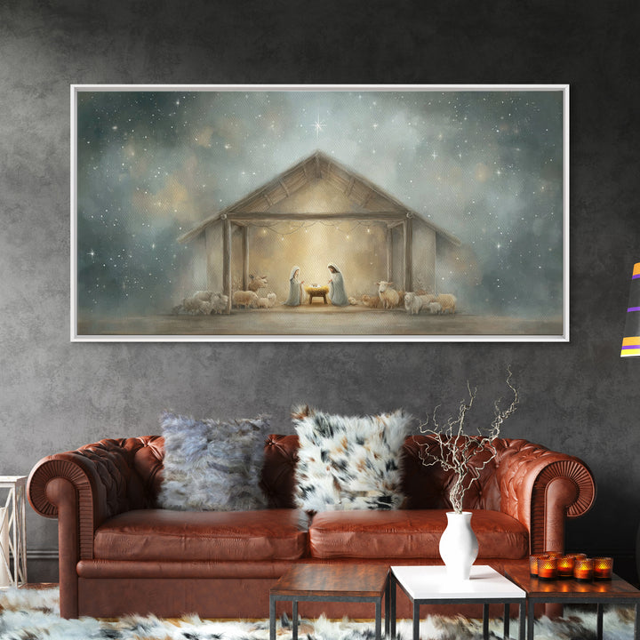 Holy Night Shelter – Framed Canvas Print – Christian Christmas Art – Framed Christmas Wall Art – Christian Art Canvas – Christmas Art Work