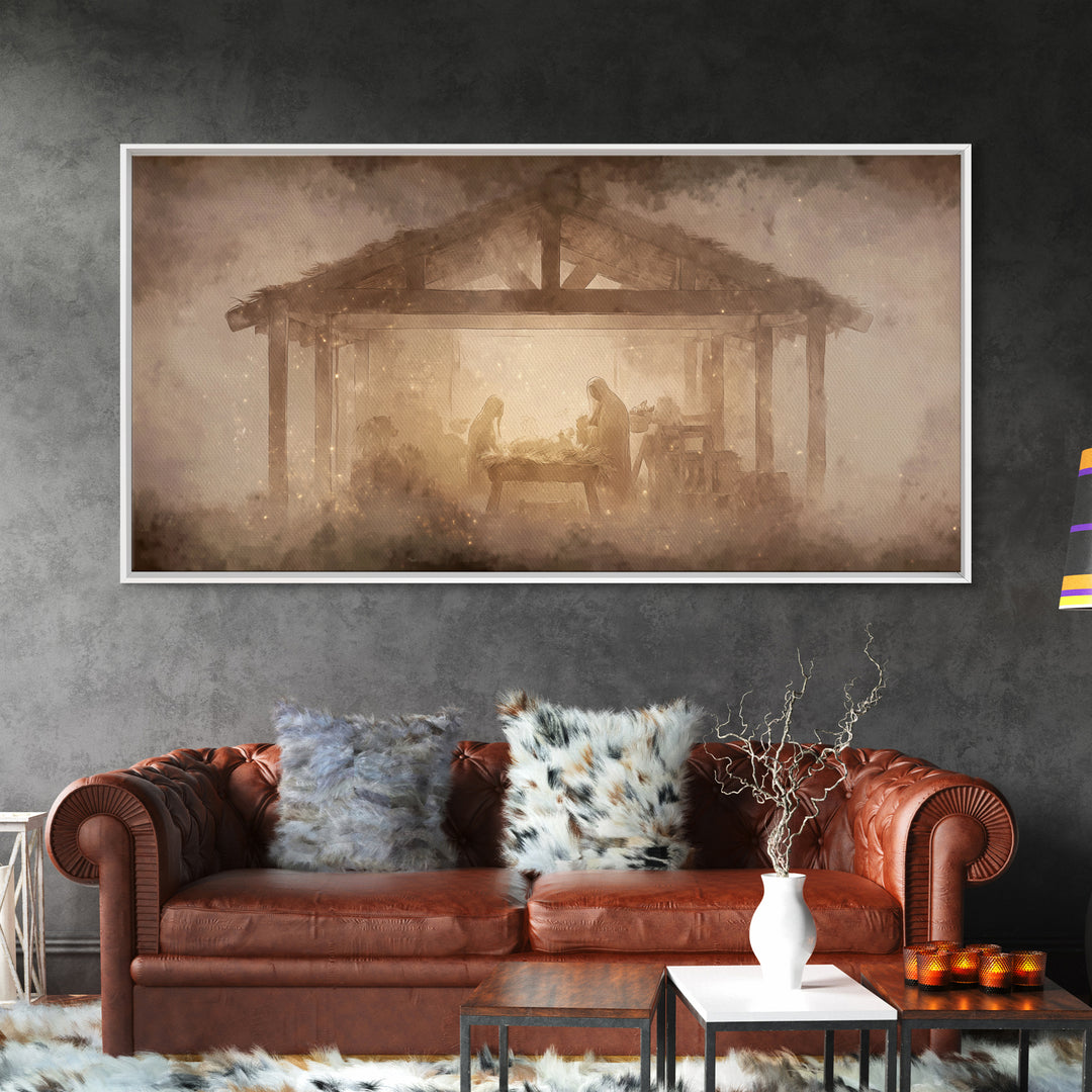 Nativity Glow – Framed Canvas Print – Christian Wall Art – Christmas Canvas Wall Art – Christian Art Print – Vintage Christmas Art – Christ