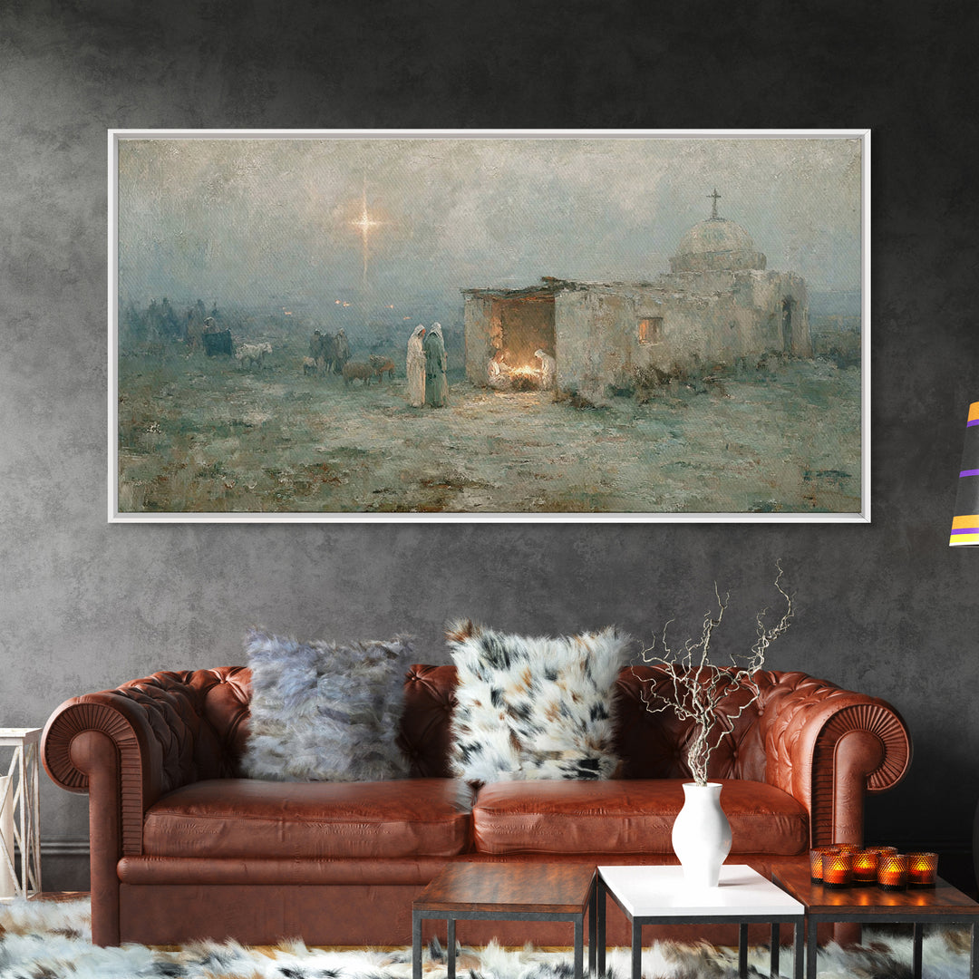 Sacred Night Refuge – Framed Canvas Print – Christian Art Canvas – Jesus Painting – Christmas Art – Christian Christmas – Christian Decor