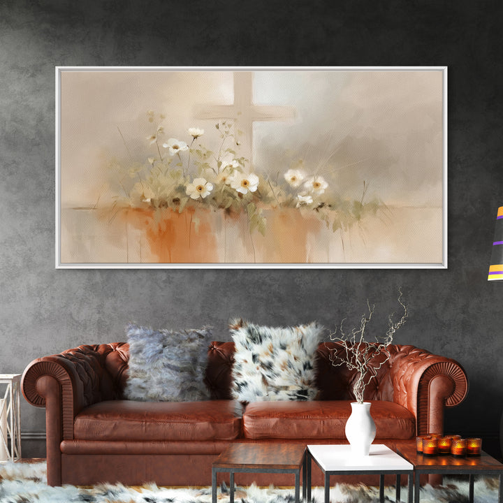Peaceful Cross Light – Framed Canvas Print – Christian Wall Art – Minimalist Christian Art – Christian Art Print – Subtle Christian Paintin