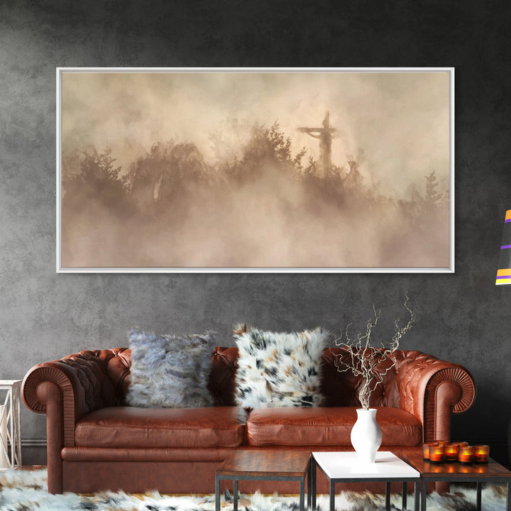 Cross In Mist – Framed Canvas Print – Christian Wall Art – Christian Art Canvas – Christian Art – Moody Christian Art – Christian Christmas