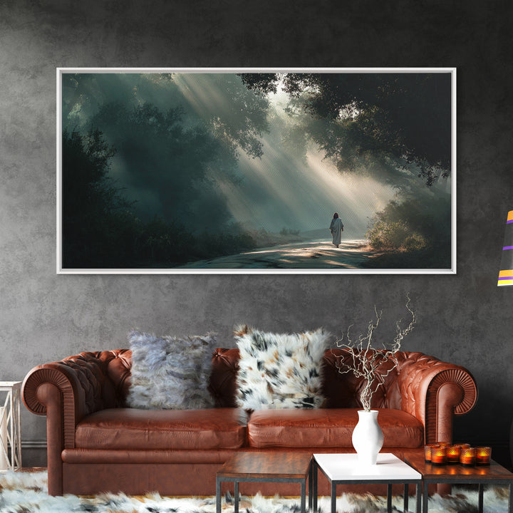 Forest Light Path | Framed Canvas Print | Jesus Painting | Christian Art Canvas | Christian Wall Art | Christian Christmas Art | Christian