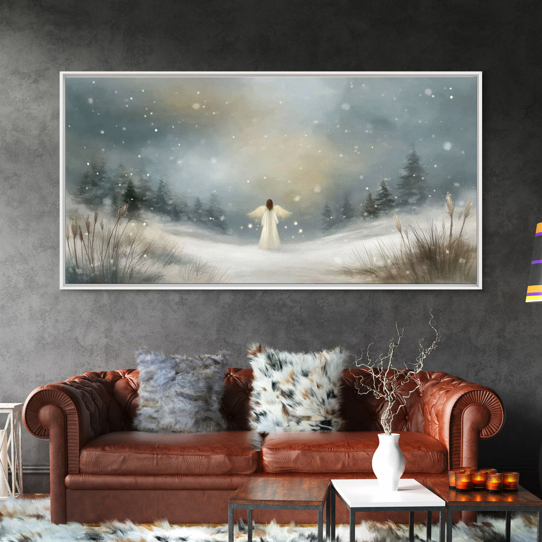 Angel In The Snow, Framed Canvas Print, Christmas Art Prints, Christian Wall Art, Angel Art, Moody Christmas Art