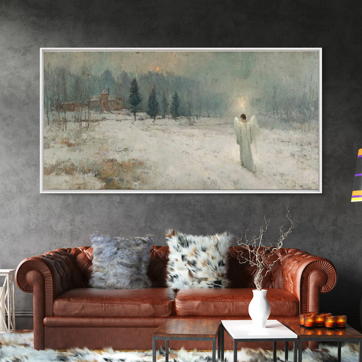 Winter Guardian Light – Framed Canvas Print – Christian Wall Art – Christian Art Canvas – Moody Christmas Art – Christian Christmas Decor –
