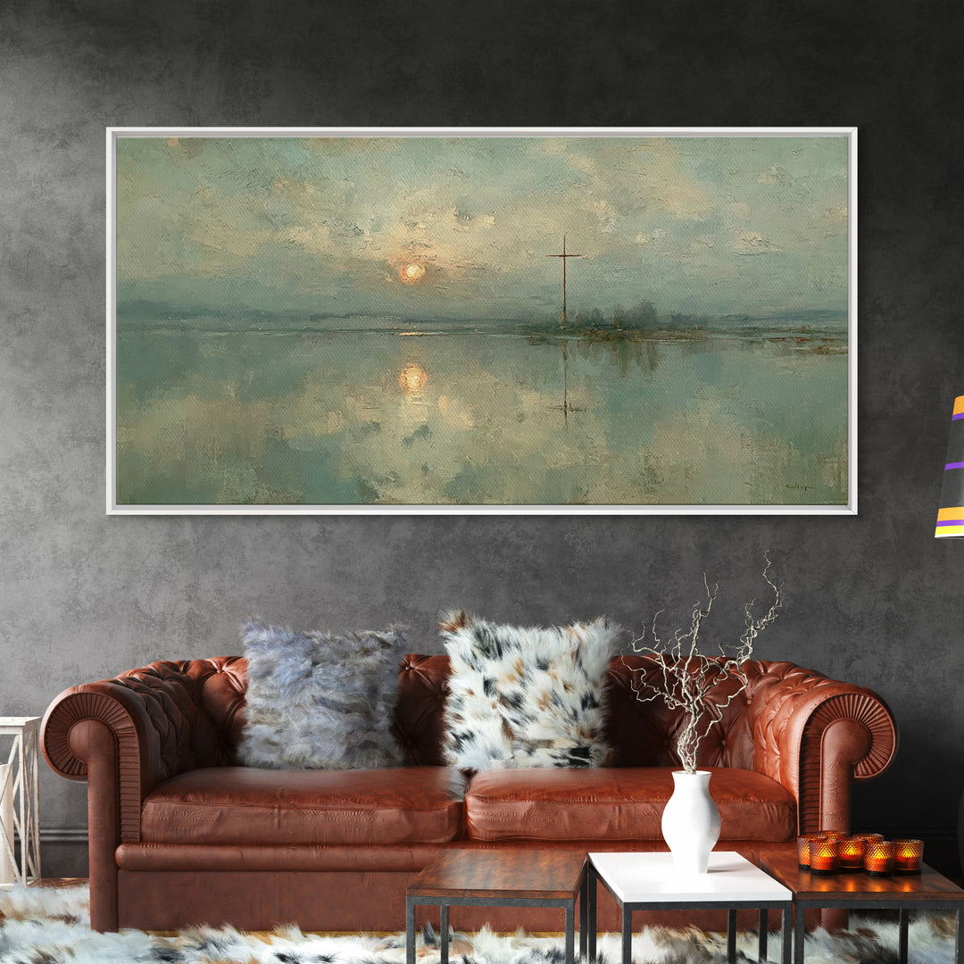 Silent Cross Reflection, Framed Canvas Print, Christian Art Canvas, Moody Christian Art, Christian Wall Art, Christmas Art, Christian Decor