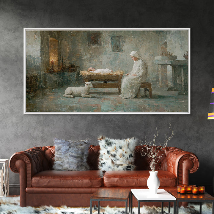 Quiet Manger Peace – Framed Canvas Print – Christian Art Canvas – Christian Wall Art – Christmas Art – Mary And Jesus Painting