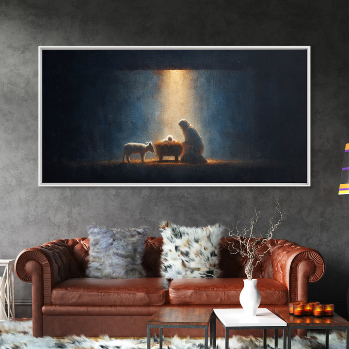 Midnight Manger Glow – Framed Canvas Print – Christian Art Canvas – Christian Wall Art – Jesus Painting – Christmas Art