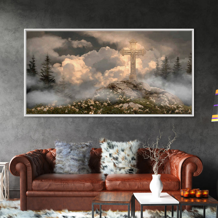 Golden Hill Cross – Framed Canvas Print – Christian Art Canvas – Christian Wall Art – Christian Painting – Large Christian Art