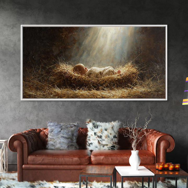 Heavenly Manger Light – Framed Canvas Print – Christian Wall Art – Jesus Painting – Christmas Art – Christian Decor – Christian Christmas A