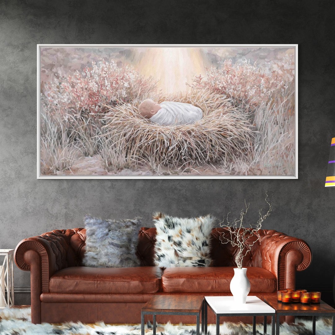 Sacred Straw Cradle – Framed Canvas Print – Christian Art Print – Christmas Art – Christian Wall Art – Jesus Painting – Christian Christmas