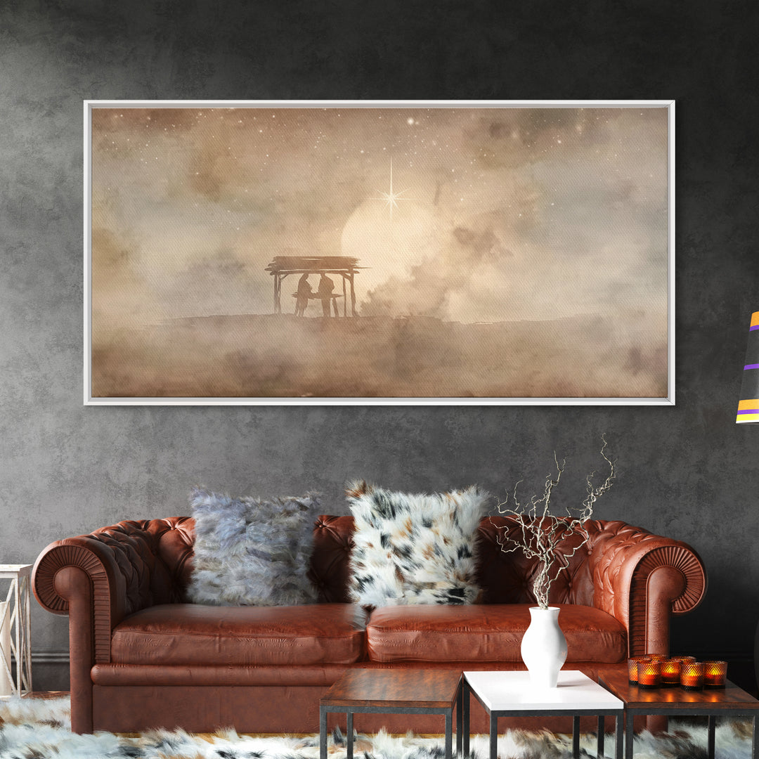 Holy Shelter Night – Framed Canvas Print – Christian Christmas Art – Christian Wall Art – Christmas Art Prints – Jesus Painting – Christian