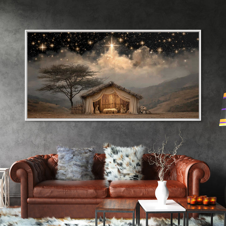 Holy Night Glow, Framed Canvas Print, Christian Christmas Art, Christian Wall Art, Jesus Painting, Christmas Canvas Art