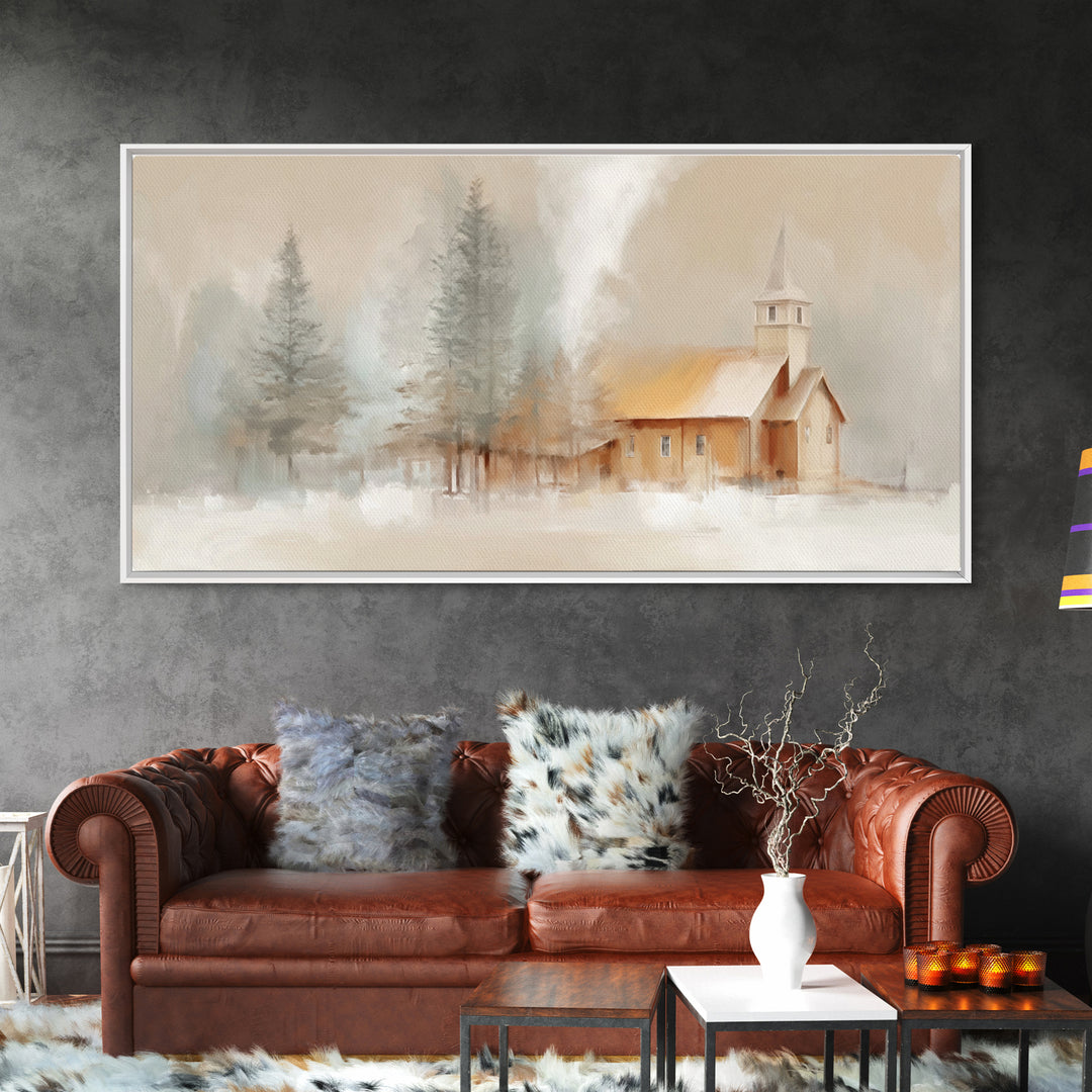 Winter Church Light - Framed Canvas Print - Christian Wall Art - Christmas Art - Christian Art Work - Christian Decor