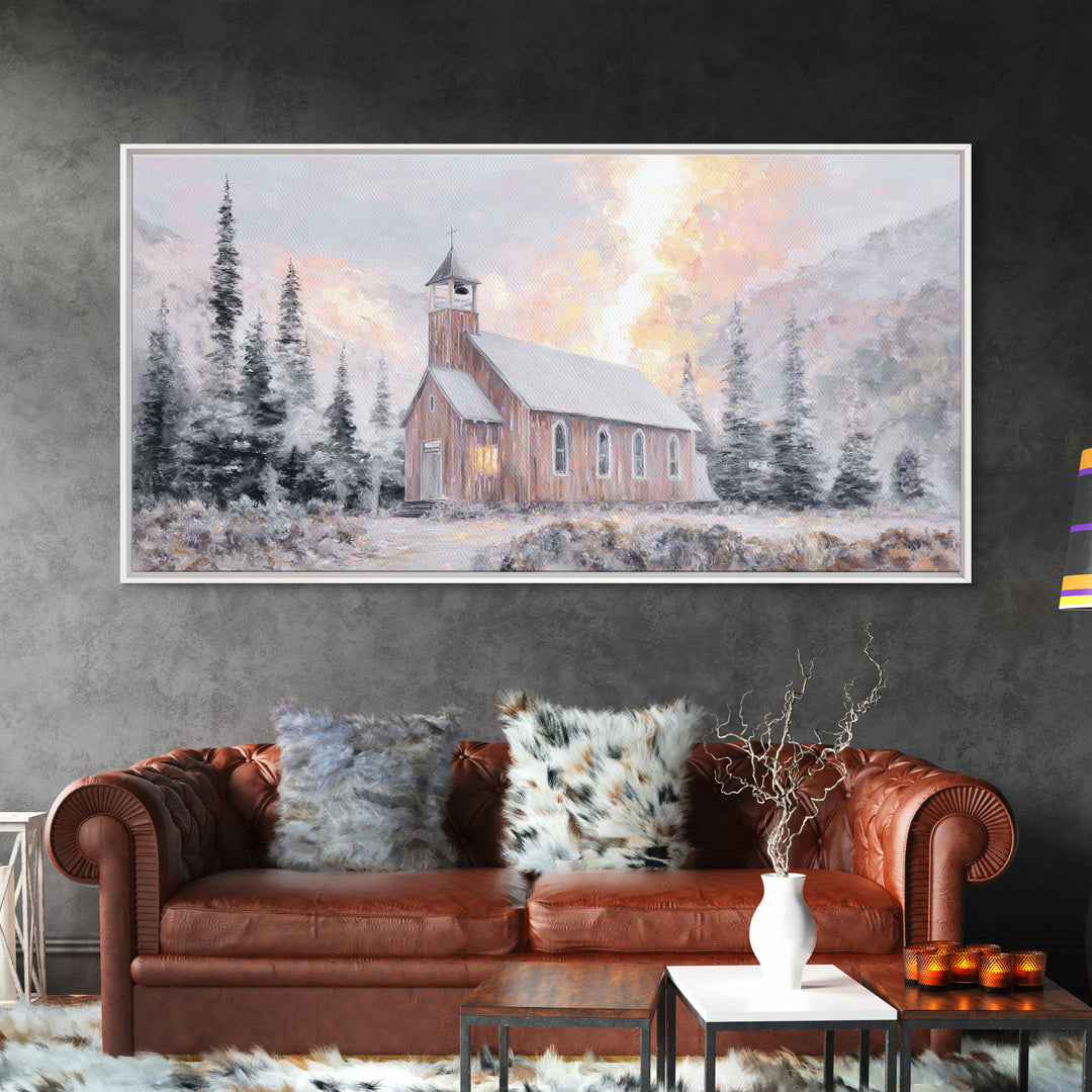 Frosted Sanctuary, Framed Canvas Print, Christian Wall Art, Christmas Art Work, Christian Christmas Art, Christian Art Canvas