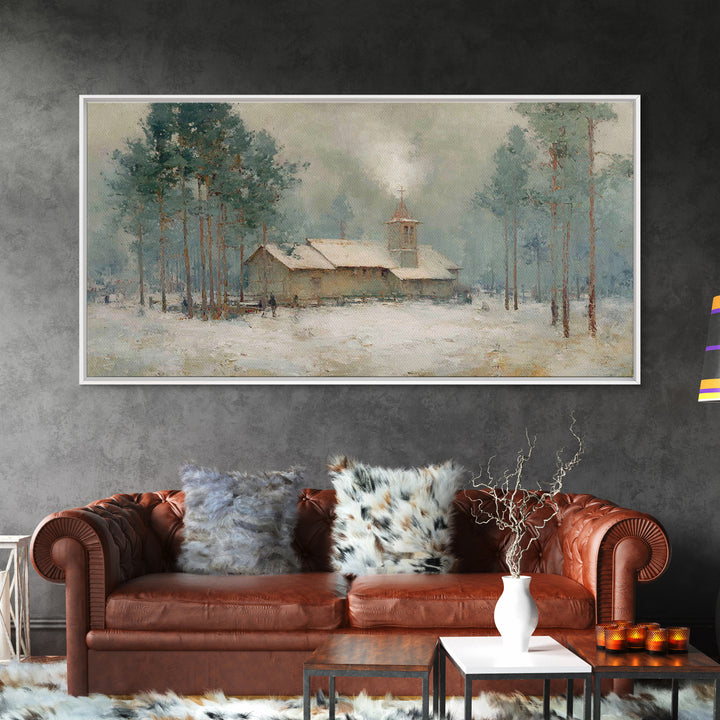 Snowy Pine Chapel | Framed Canvas Print | Christian Wall Art | Christmas Canvas Wall Art | Christian Art Gift | Winter Christian Art