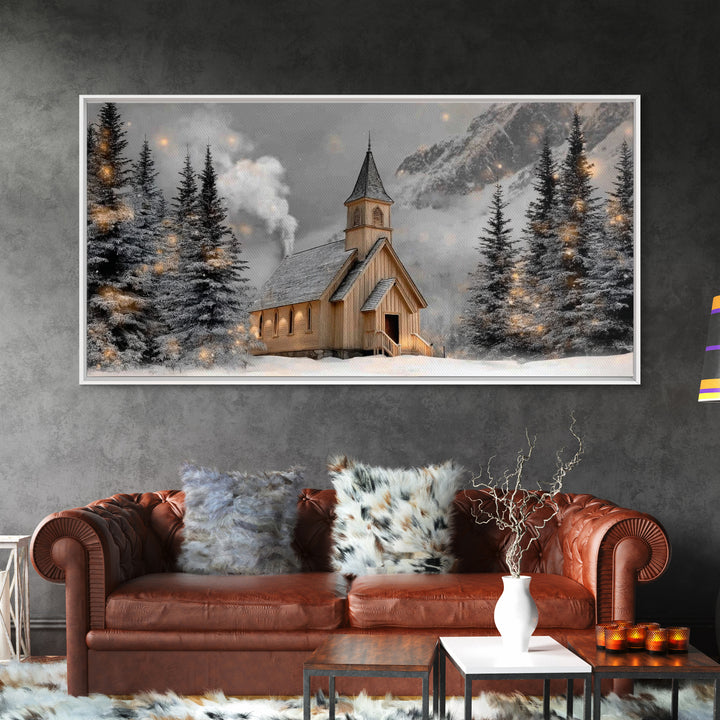 Mountain Chapel Glow - Framed Canvas Print - Christian Wall Art - Christian Christmas Art - Christmas Wall Art - Christian Decor