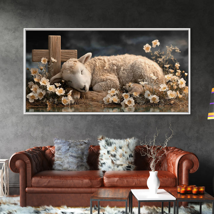 Heavenly Lamb – Framed Canvas Print – Christian Wall Art – Christian Art Canvas – Jesus Painting – Pastoral Scenery – Christian Christmas A