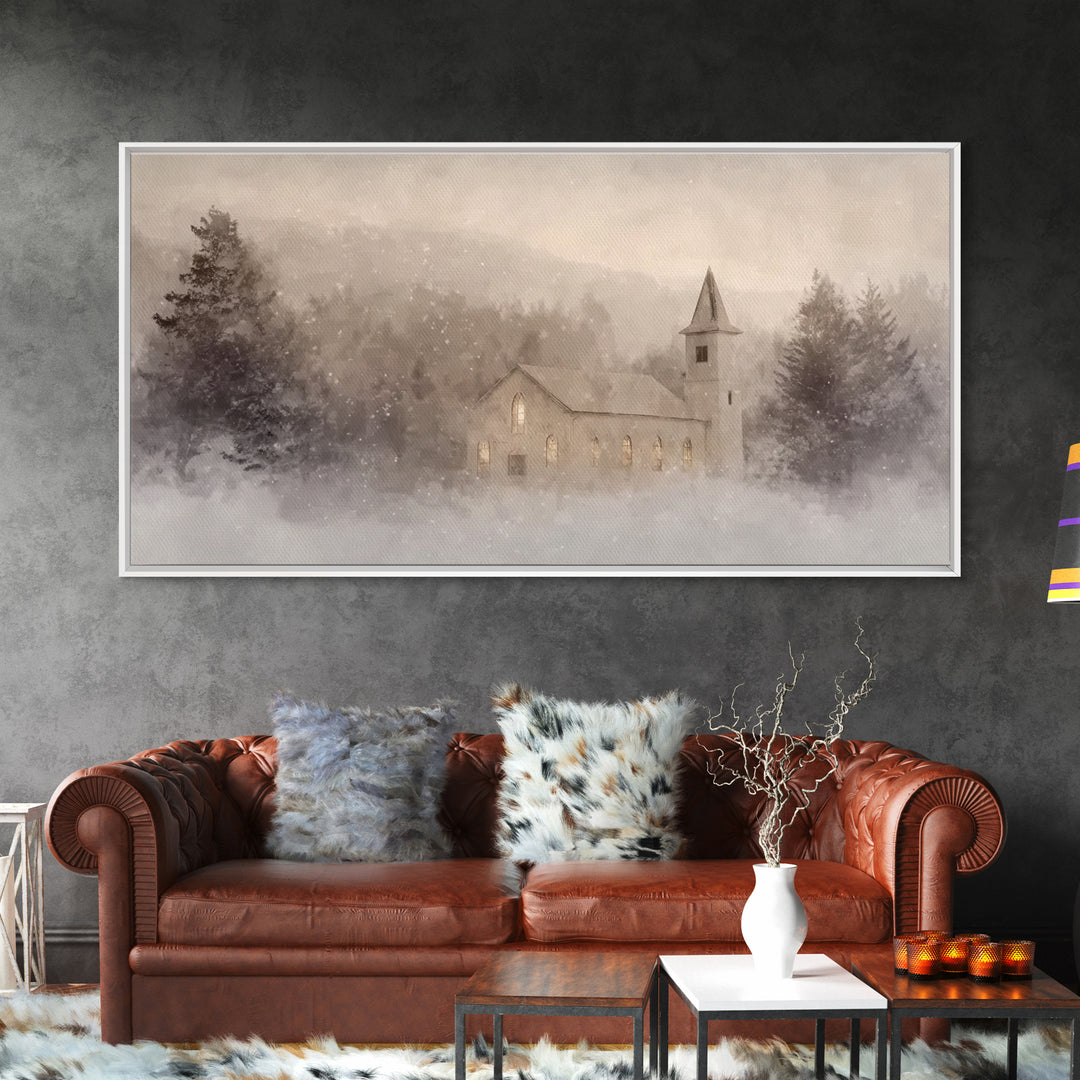 Snowy Chapel – Framed Canvas Print – Christian Christmas Art – Christian Art Canvas – Christmas Wall Art – Christian Paintings – Christian