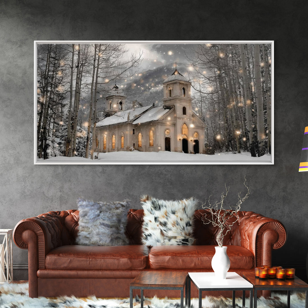 Evergreen Church – Framed Canvas Print – Christmas Wall Art – Christian Art Canvas – Framed Christmas Wall Art – Christian Christmas Art –