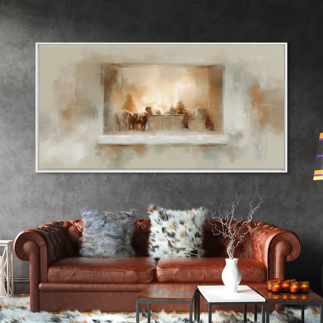 Nativity Window Glow – Framed Canvas Print – Christmas Art – Christian Christmas Decor – Christian Wall Art – Jesus Christmas Art – Christm