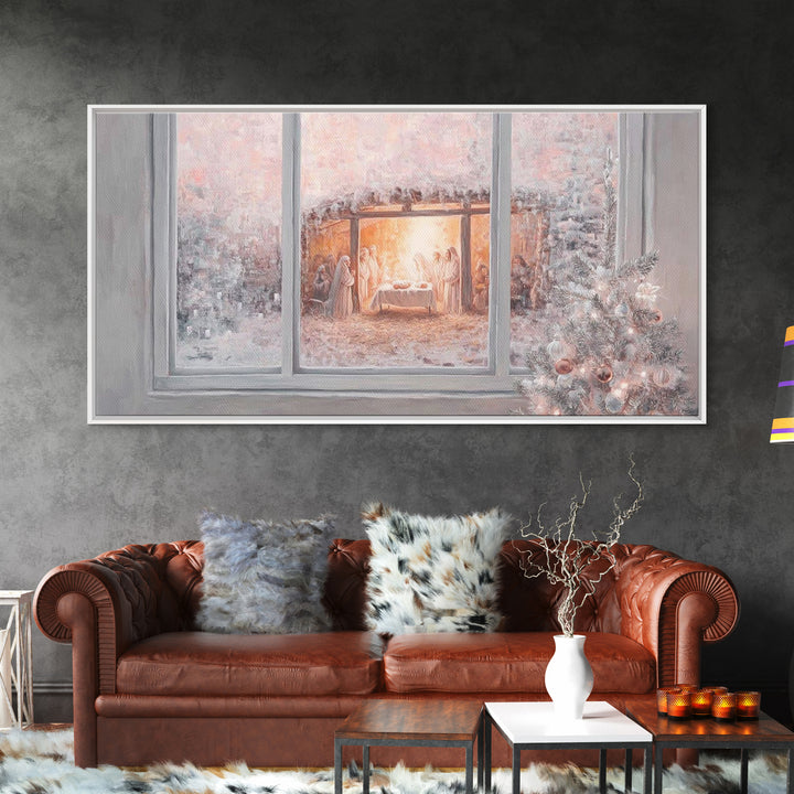 Nativity Through Frosted Glass | Framed Canvas Print | Christian Christmas Art | Christmas Wall Art | Jesus Painting | Christian Art Canvas