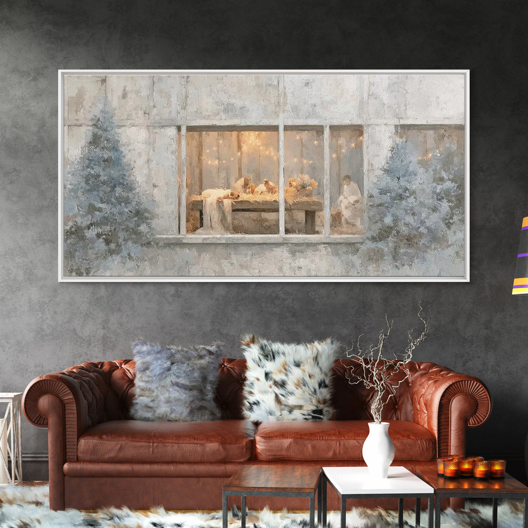 Winter Manger Light – Framed Canvas Print – Christian Christmas Art – Christmas Wall Art – Jesus Painting – Christian Art Canvas – Framed C