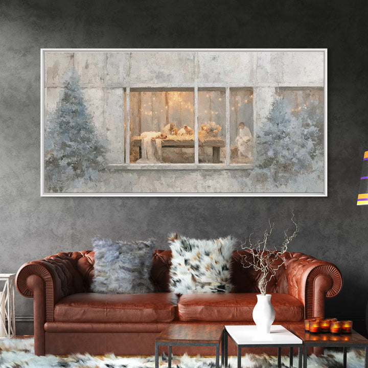 Winter Manger Light – Framed Canvas Print – Christian Christmas Art – Christmas Wall Art – Jesus Painting – Christian Art Canvas – Framed C