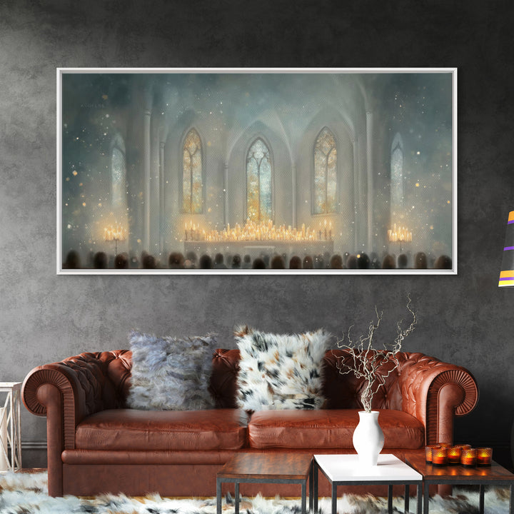 Cathedral Midnight Flame – Framed Canvas Print – Christian Paintings – Christmas Wall Art – Christian Christmas Art – Large Christian Paint