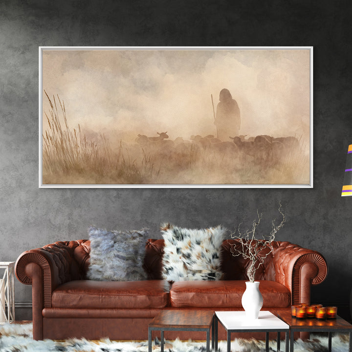 Shepherd In Mist – Framed Canvas Print | Christian Art Canvas | Christian Wall Art | Christian Christmas Art | Christian Art | Jesus Painti