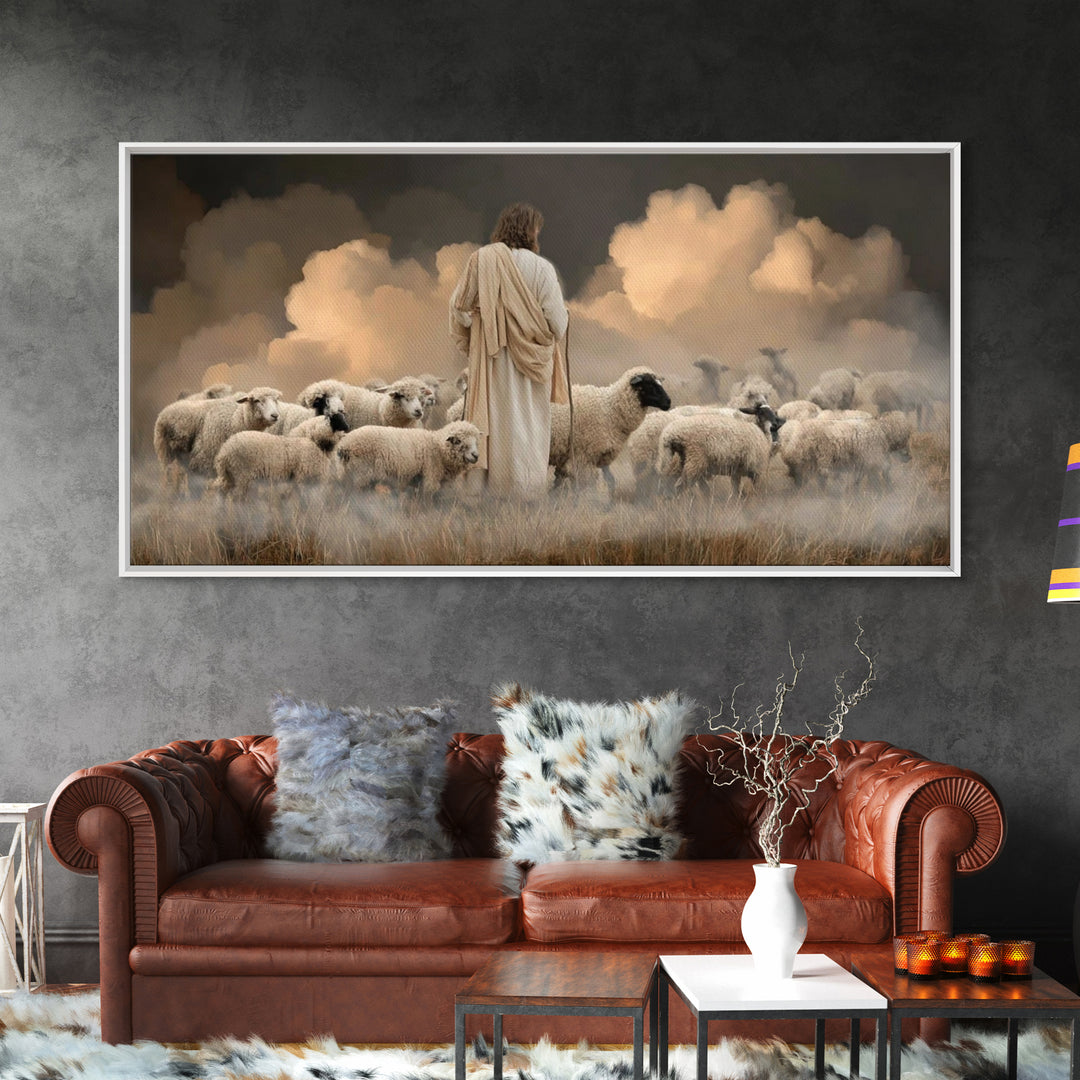 Evening Flock Peace – Framed Canvas Print | Christian Art | Jesus Painting | Christian Art Canvas | Christian Wall Art | Christmas Art