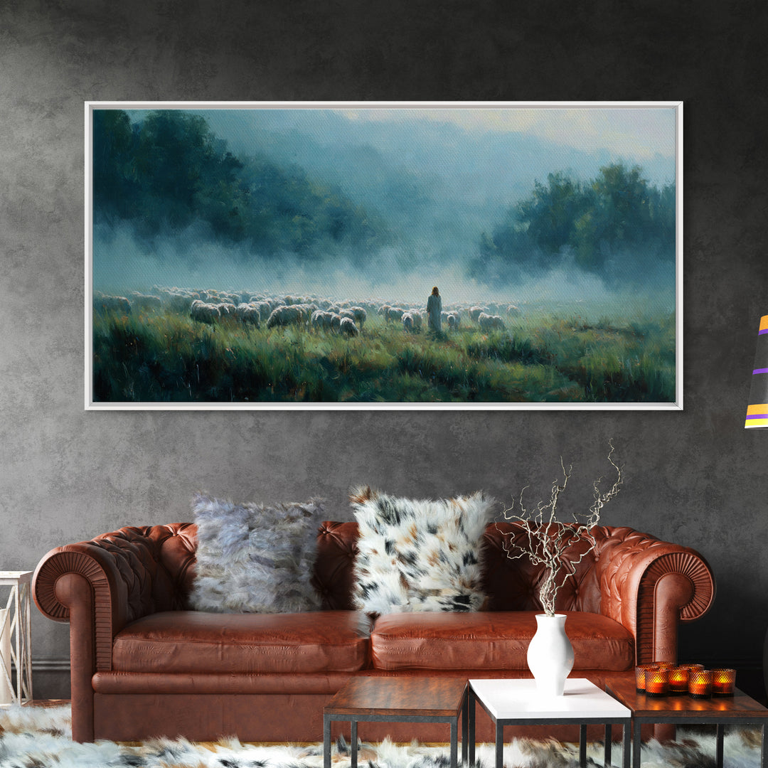 Morning Pasture Calm – Framed Canvas Print – Christian Art – Christian Wall Art – Christian Art Canvas – Jesus Painting – Christmas Art
