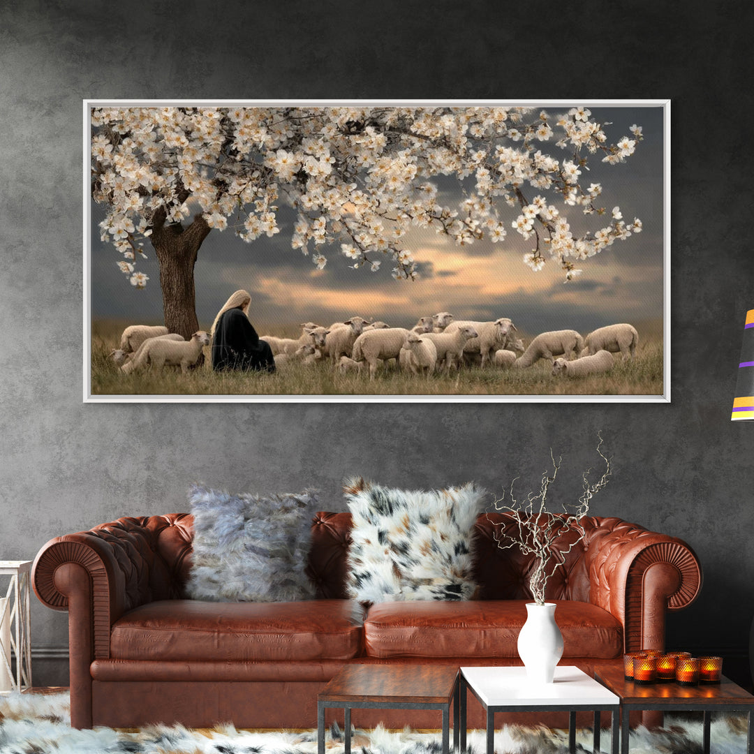 Gentle Twilight Shepherd, Framed Canvas Print, Christian Wall Art, Jesus Painting, Christmas Art, Christian Art Canvas