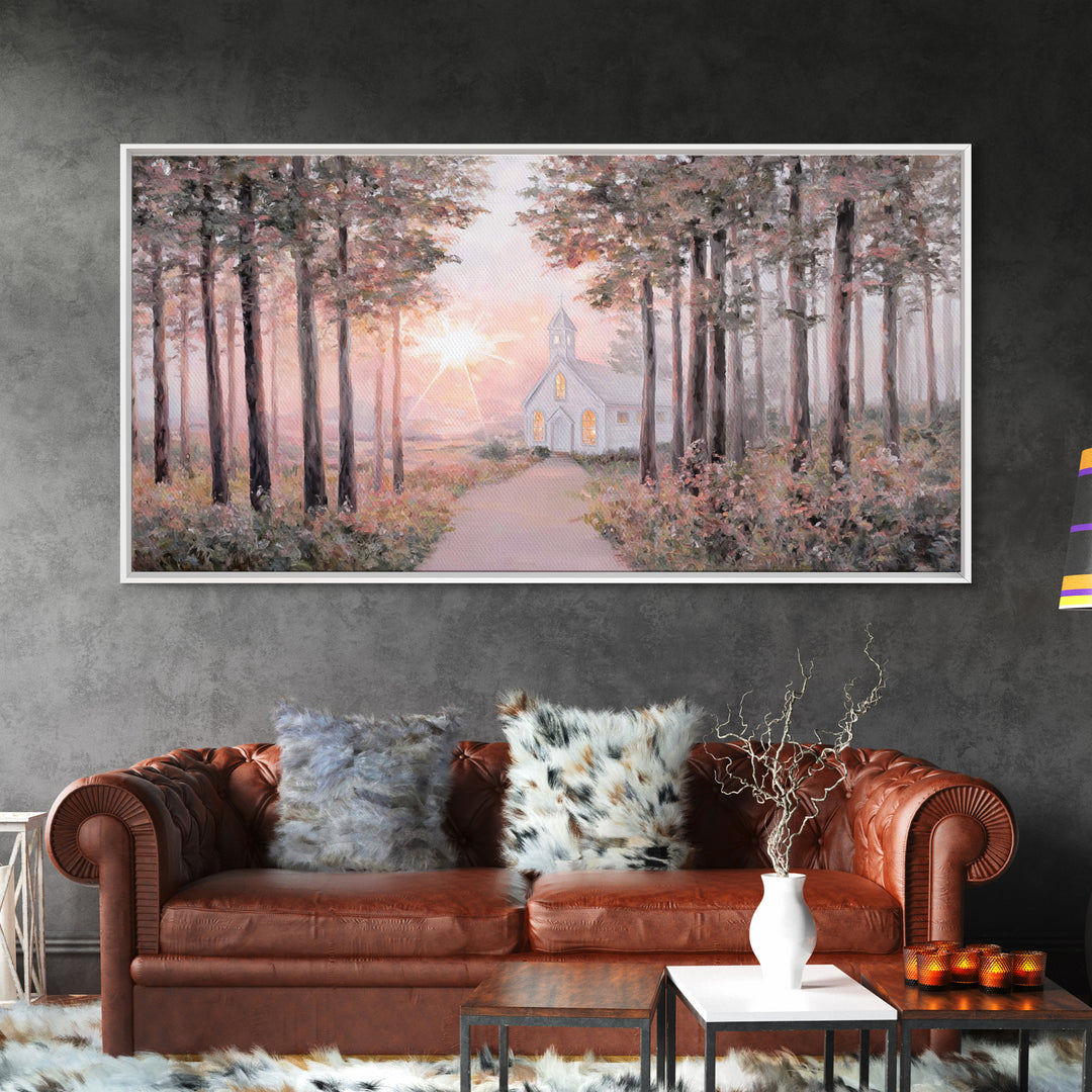 Sunlit Chapel Path, Framed Canvas Print, Christian Art Canvas, Christian Wall Art, Christian Art, Christian Painting, Christian Gift Ideas