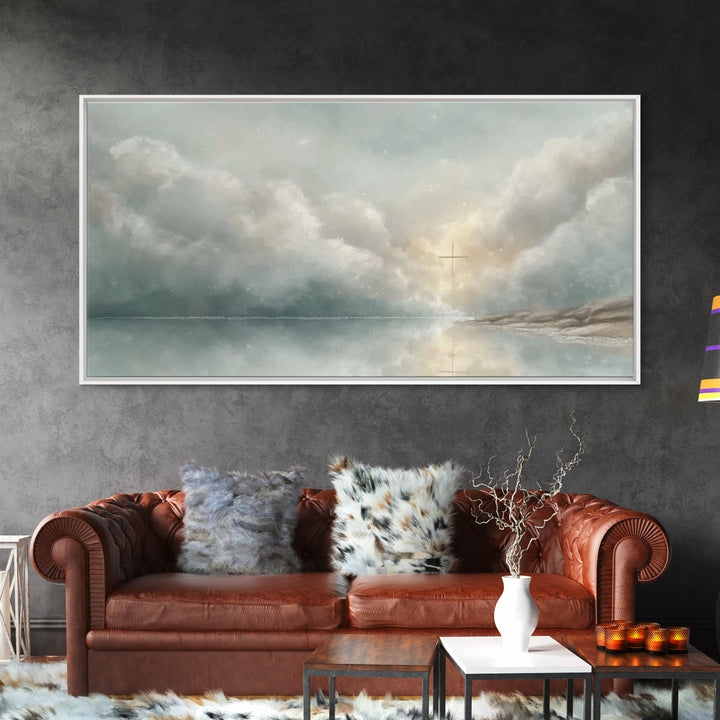 Cross In The Mist – Framed Canvas Print – Christian Wall Art – Jesus Painting – Moody Christmas Art – Christian Gift Ideas – Christian Art