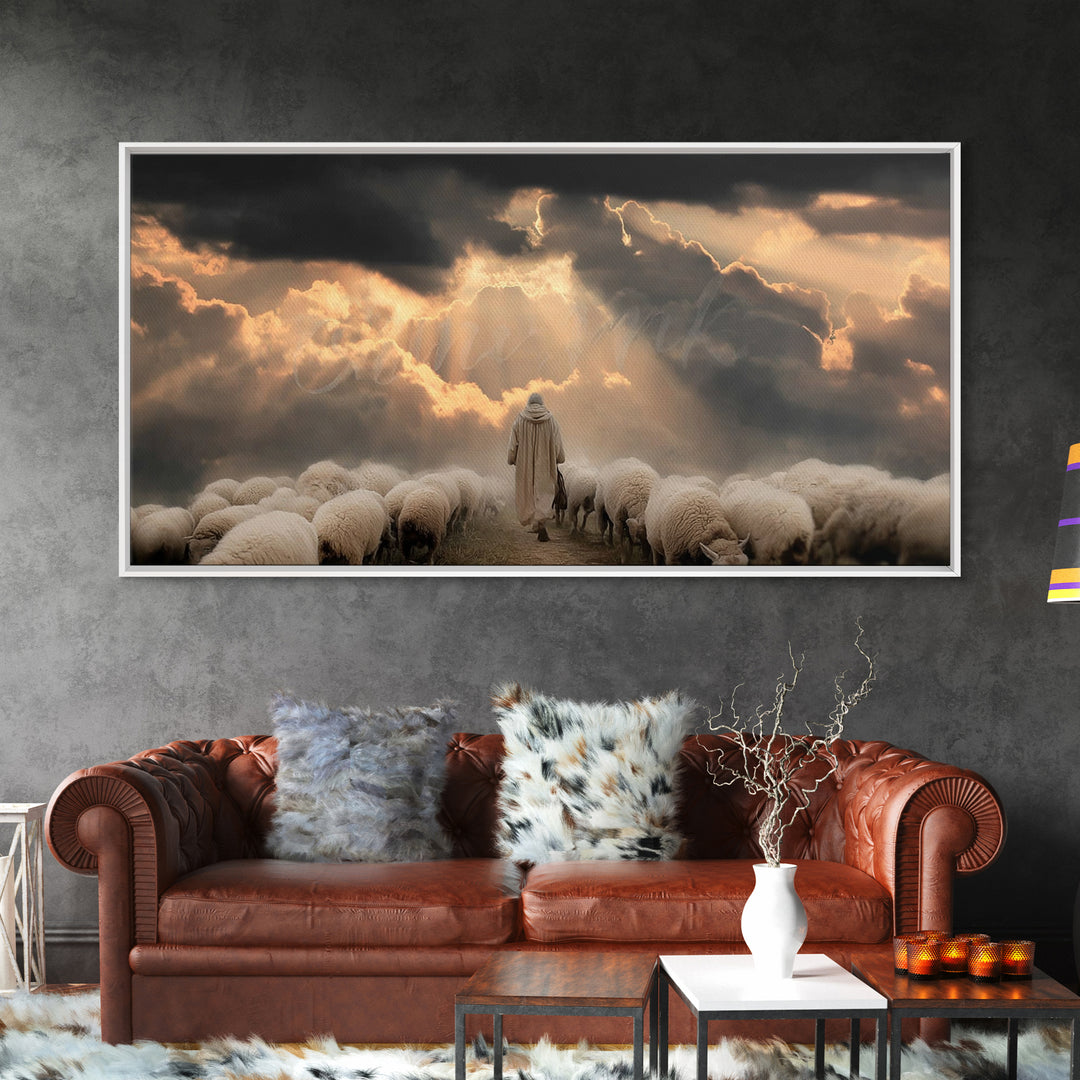 Heavenly Shepherd Light – Framed Canvas Print – Christian Wall Art – Christian Christmas Art – Jesus Painting – Christmas Canvas Wall Art –