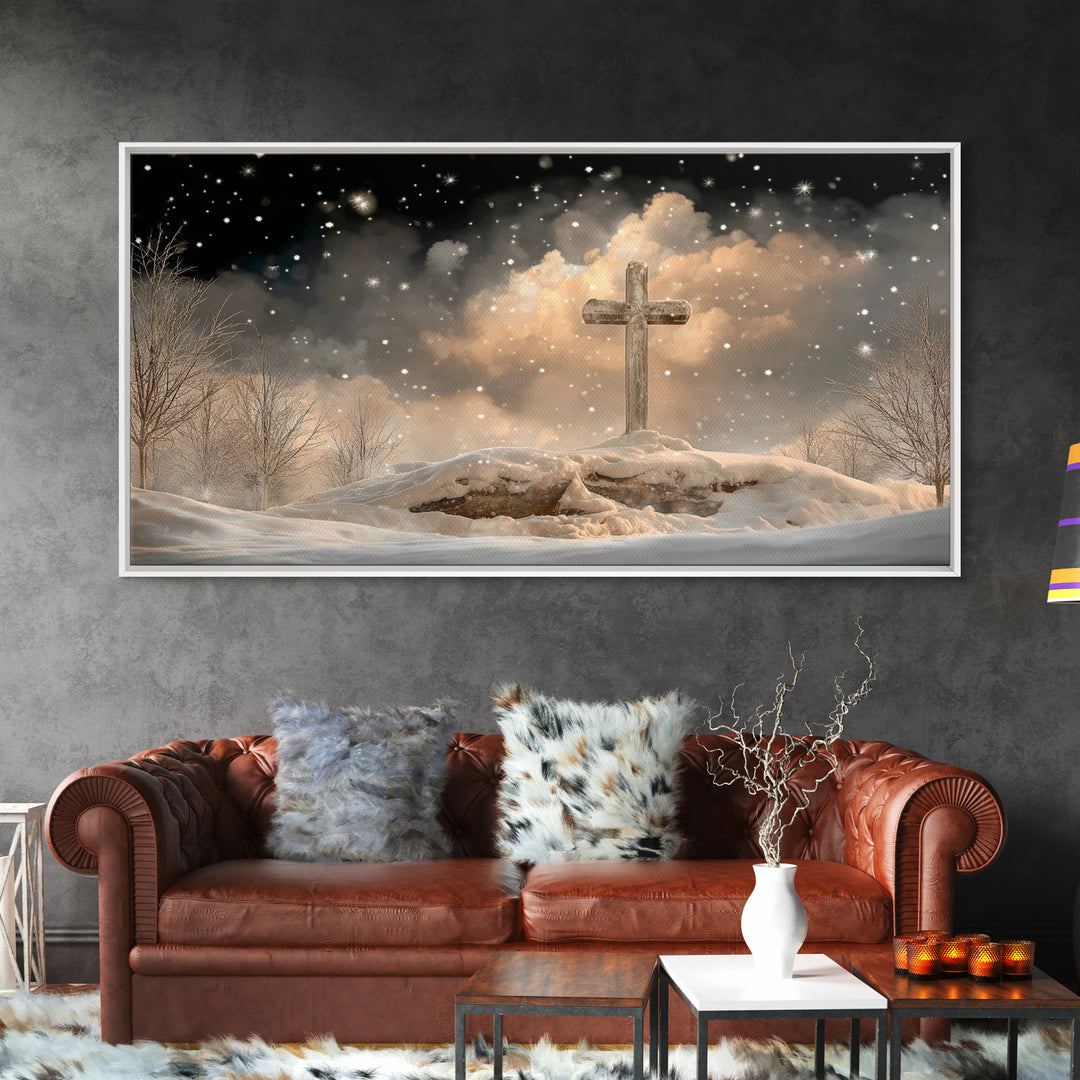 Midnight Bethlehem Glow – Framed Canvas Print – Christian Christmas Art – Christian Wall Art – Christian Art Canvas – Christmas Wall Art –