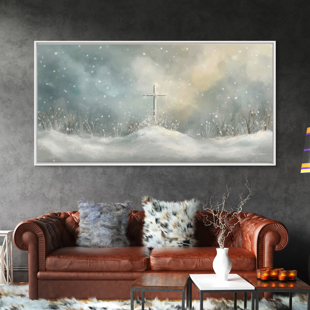 Frosted Cross Light – Framed Canvas Print – Christian Art Canvas – Minimalist Christian Art – Christian Wall Art – Subtle Christian Art – C