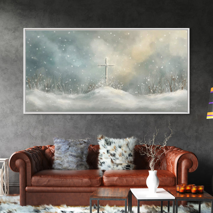 Frosted Cross Light – Framed Canvas Print – Christian Art Canvas – Minimalist Christian Art – Christian Wall Art – Subtle Christian Art – C