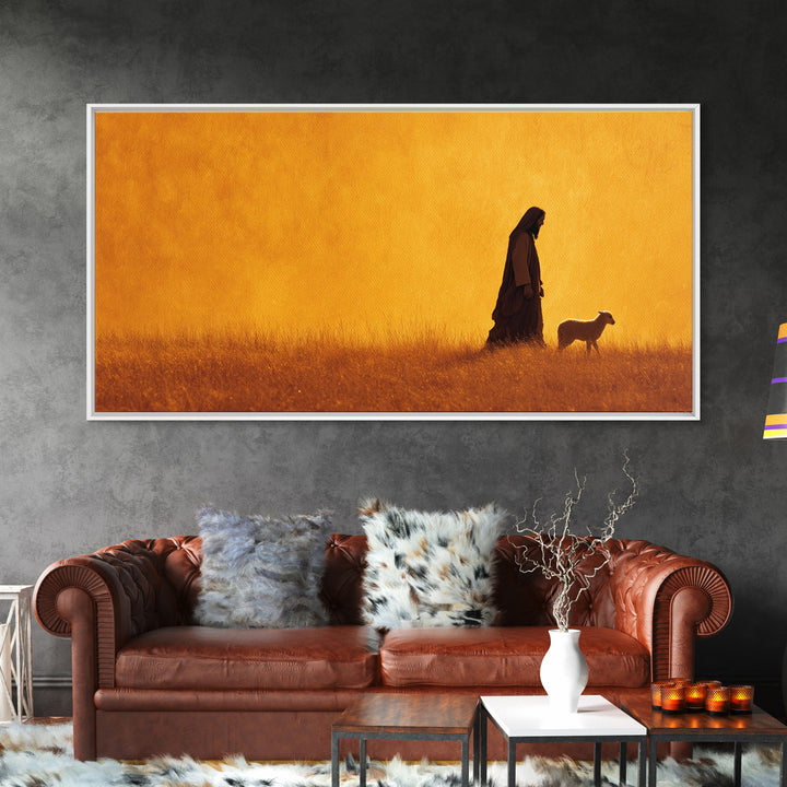 Golden Shepherd Light – Framed Canvas Print – Jesus Painting – Christian Wall Art – Christian Art Canvas – Modern Christian Art – Christian