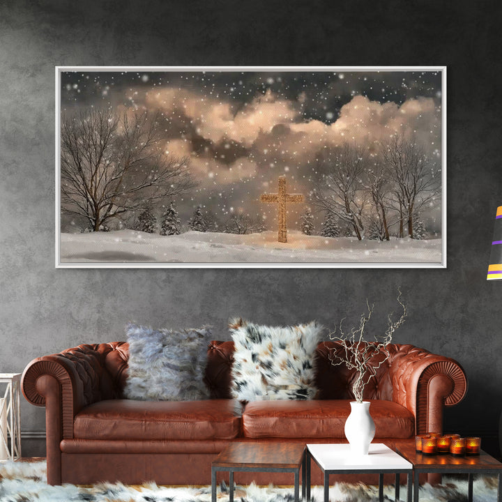 Snowbound Grace – Framed Canvas Print – Christmas Wall Art – Christian Art Canvas – Moody Christmas Art – Christian Painting